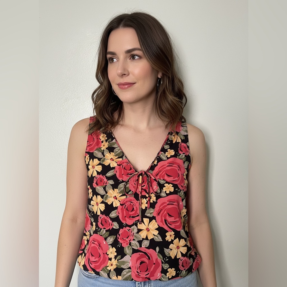 Lush Black Floral V-Neck Tie-Front Camisole with Coral & Yellow Roses Size Large